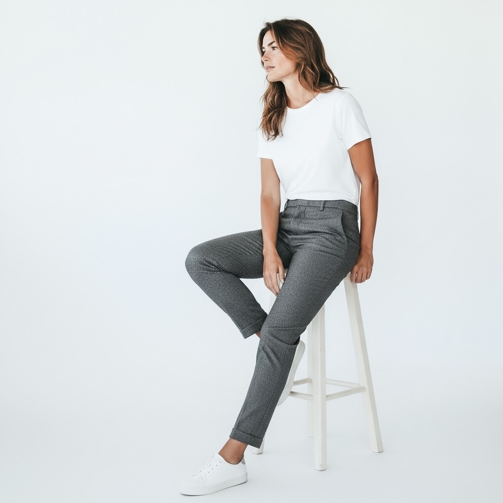 Armani Collezioni Dark Gray Wool Straight Leg Trousers with Cuffed Hem